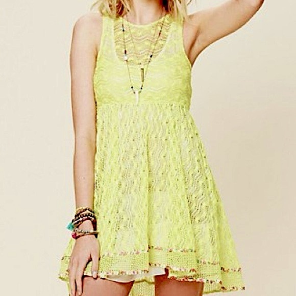 ⭐️BOGO FREE⭐️ FREE PEOPLE Madame Butterfly Lace Tank Dress in Lemon-lime - Picture 14 of 14